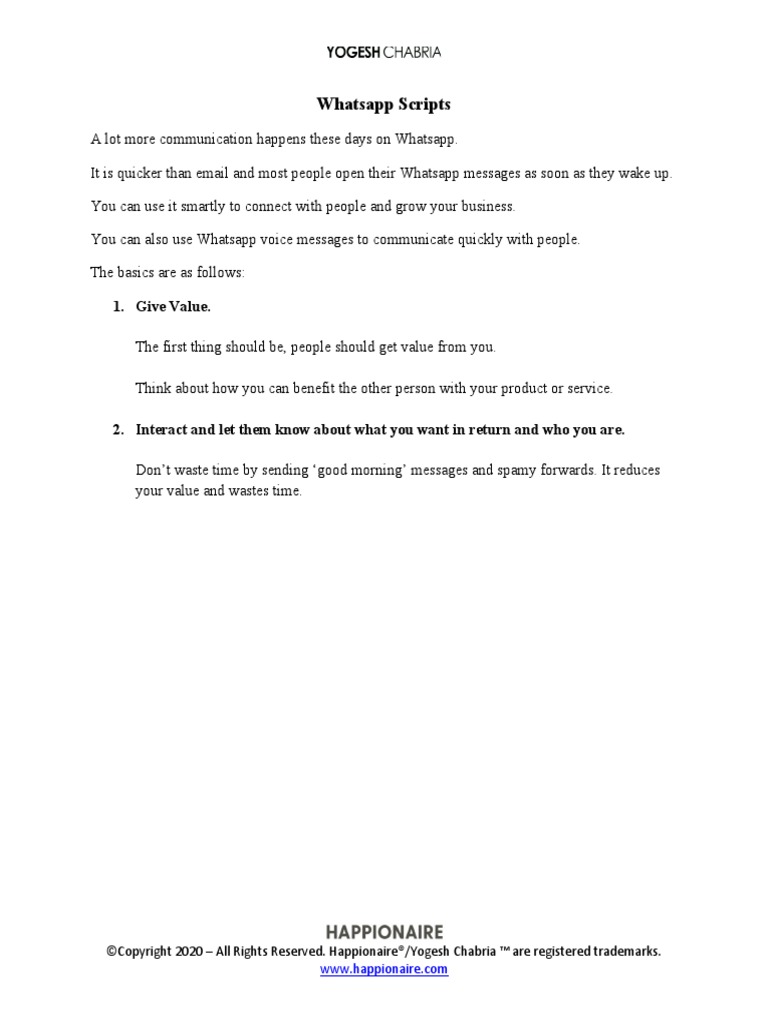 Whatsapp Scripts: 1. Give Value | PDF | Communication