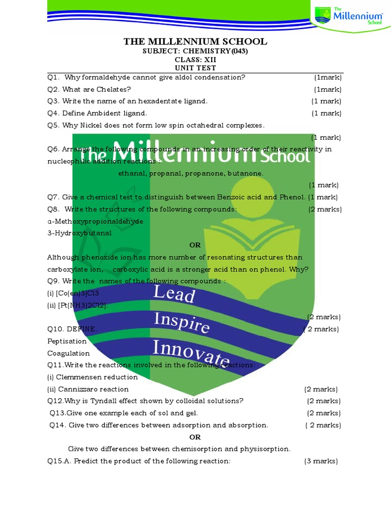 The Millennium School: Subject: Chemistry (043) Class: Xii Unit Test ...