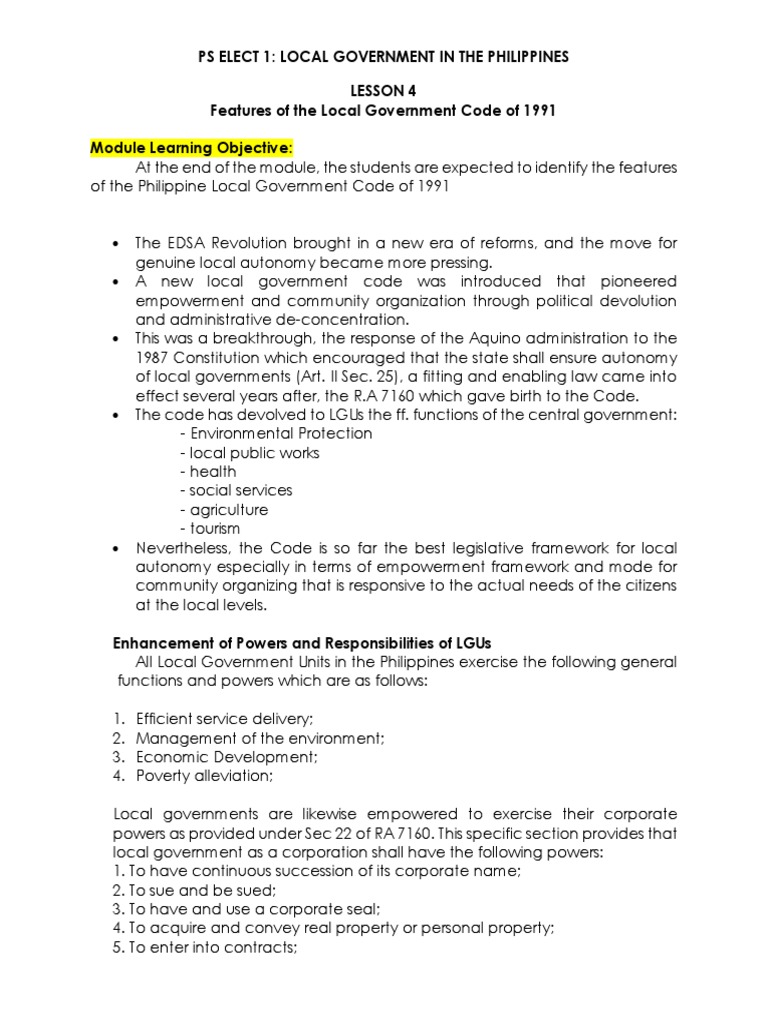Features of RA 7160: Local Gov't Code | PDF | Taxes | Credit