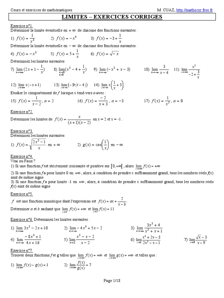 Exercices corriges sur limites pdf limite math matiques