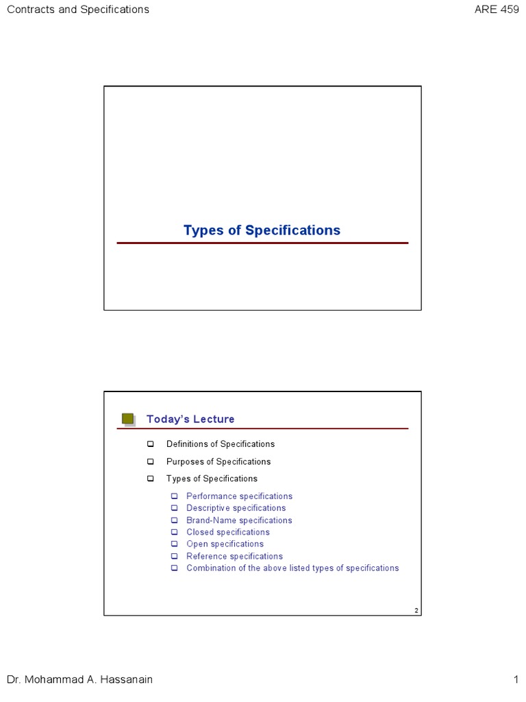 Types and Purposes of Specifications | PDF | Specification (Technical ...