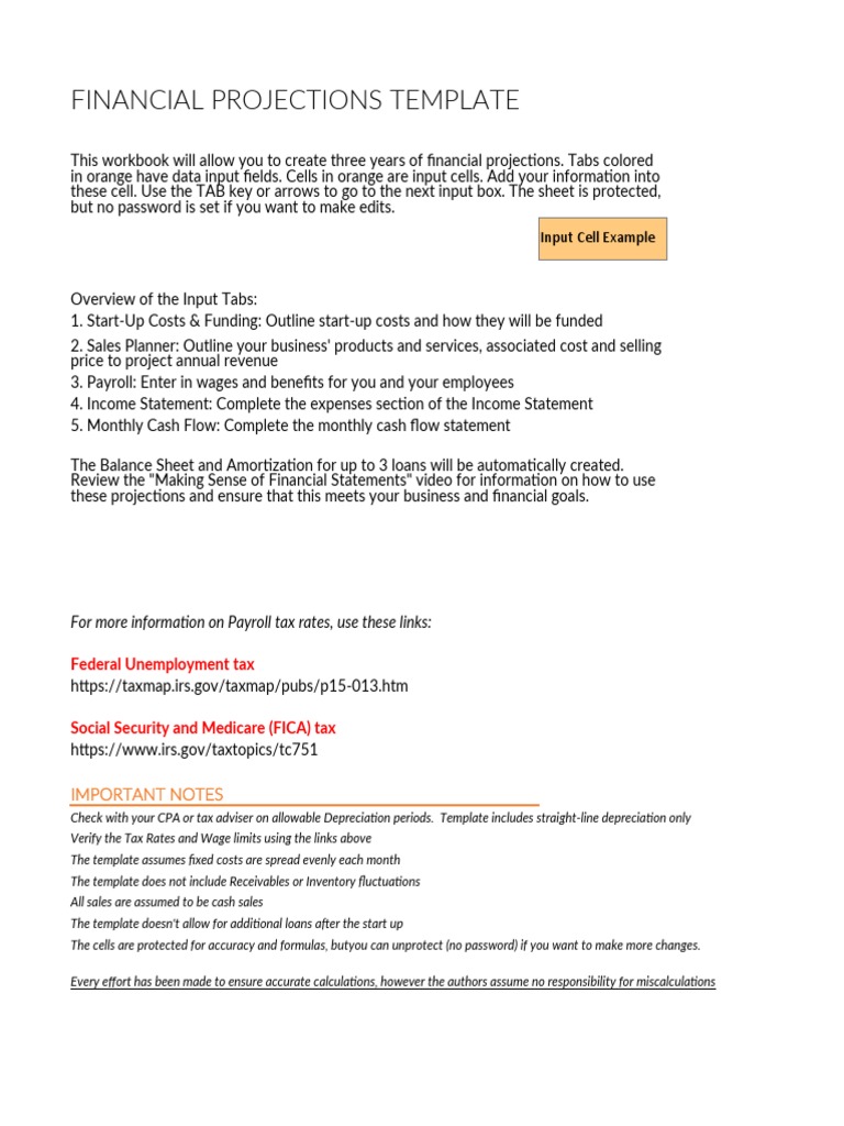 Financial Projections Template Guide | PDF | Equity (Finance) | Payroll Tax