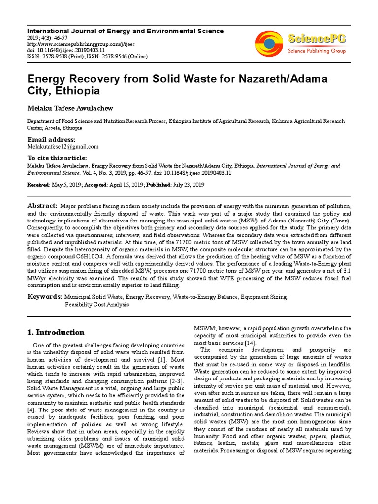 Energy Recovery from Solid Waste in Ethiopia | PDF | Municipal Solid ...