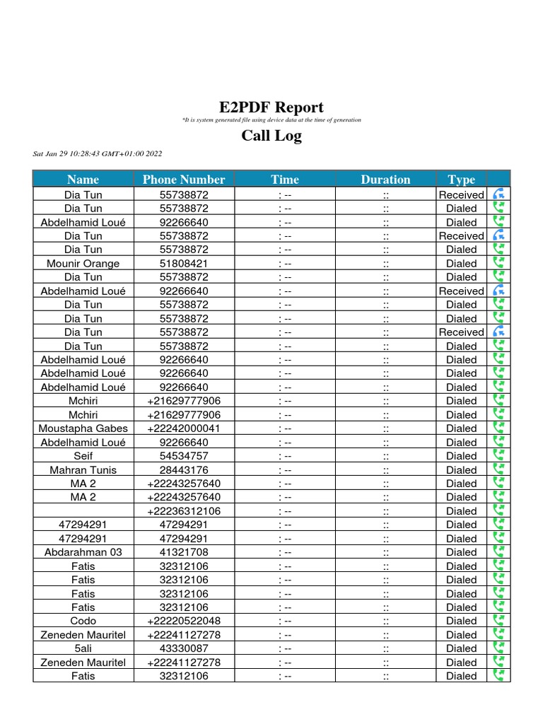 E2PDF Report Call Log Name Phone Number Time Duration Type PDF