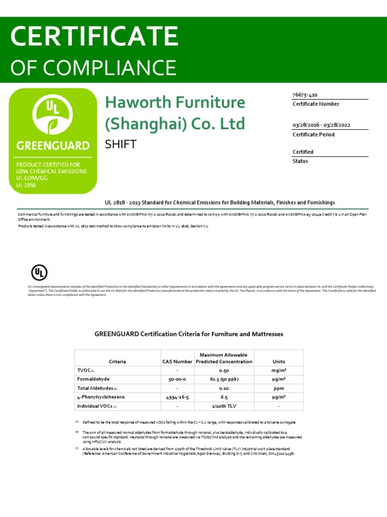 SHIFT GREENGUARD Certification PDF Volatile Organic Compound