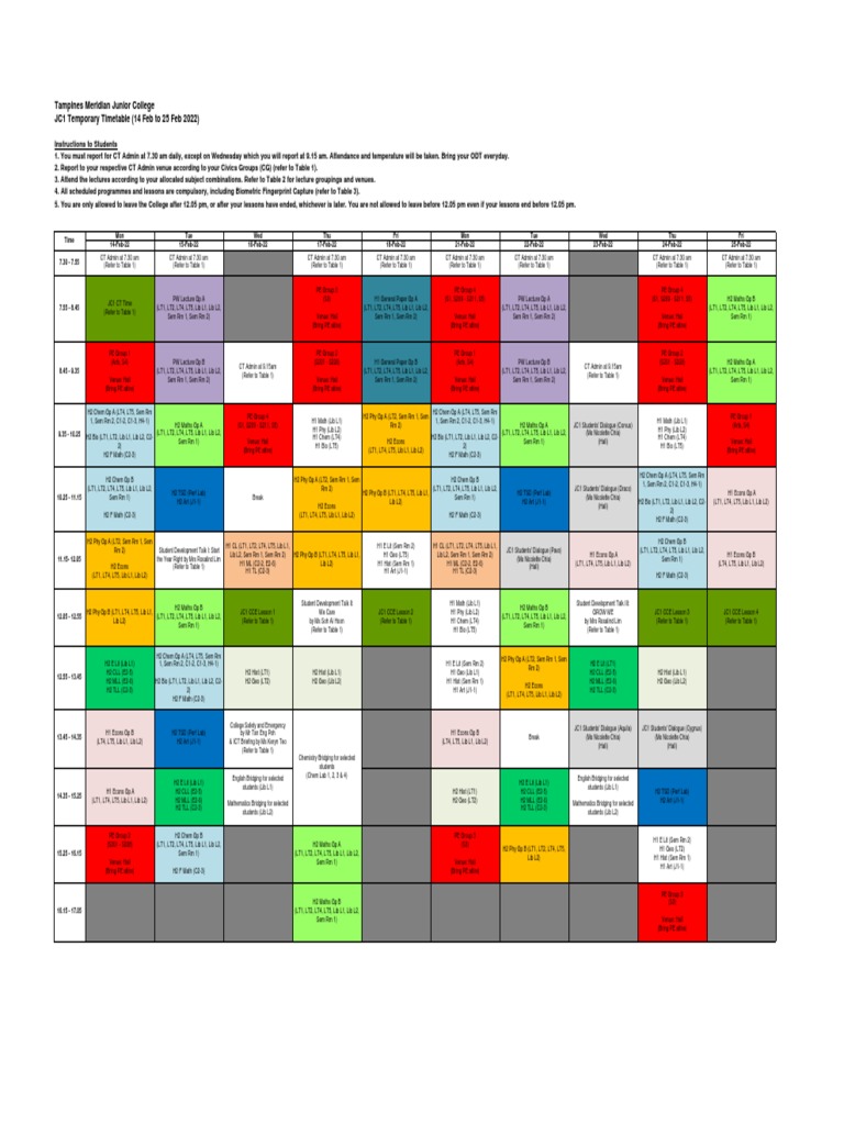 2022 JC1 Temp Timetable (W.e.f 14 - 25 Feb) | PDF
