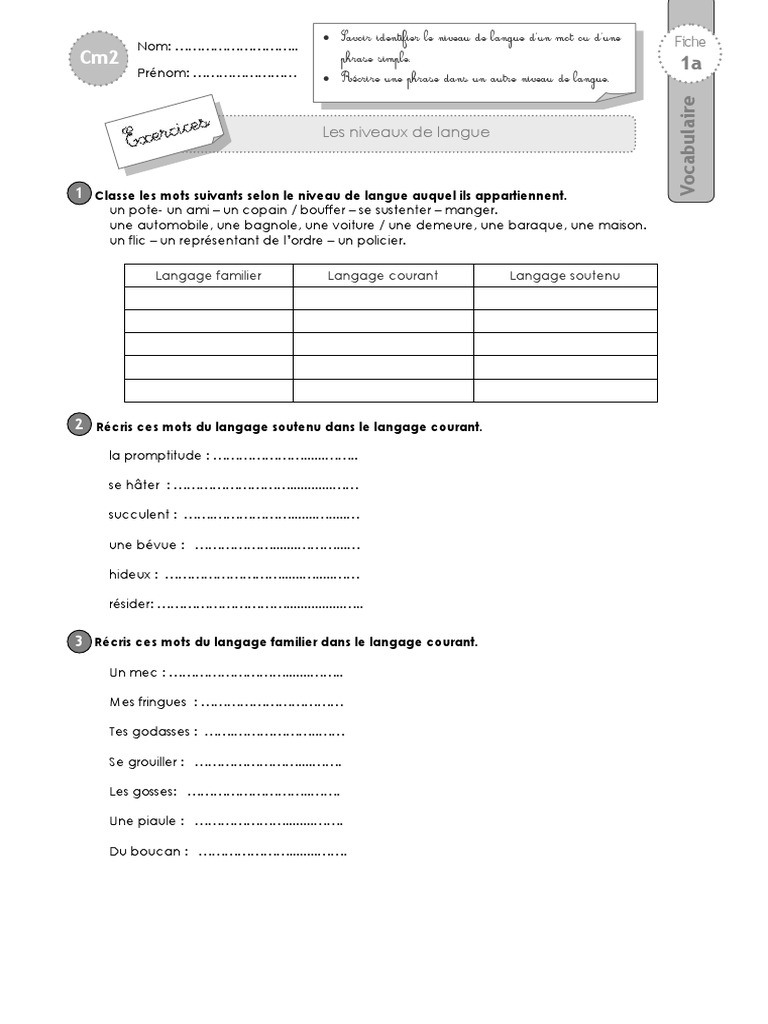 Exercices Registres De Langue Ce2 Cm2 Exercices Niveau Langue | PDF | Langues | Arts du langage et discipline
