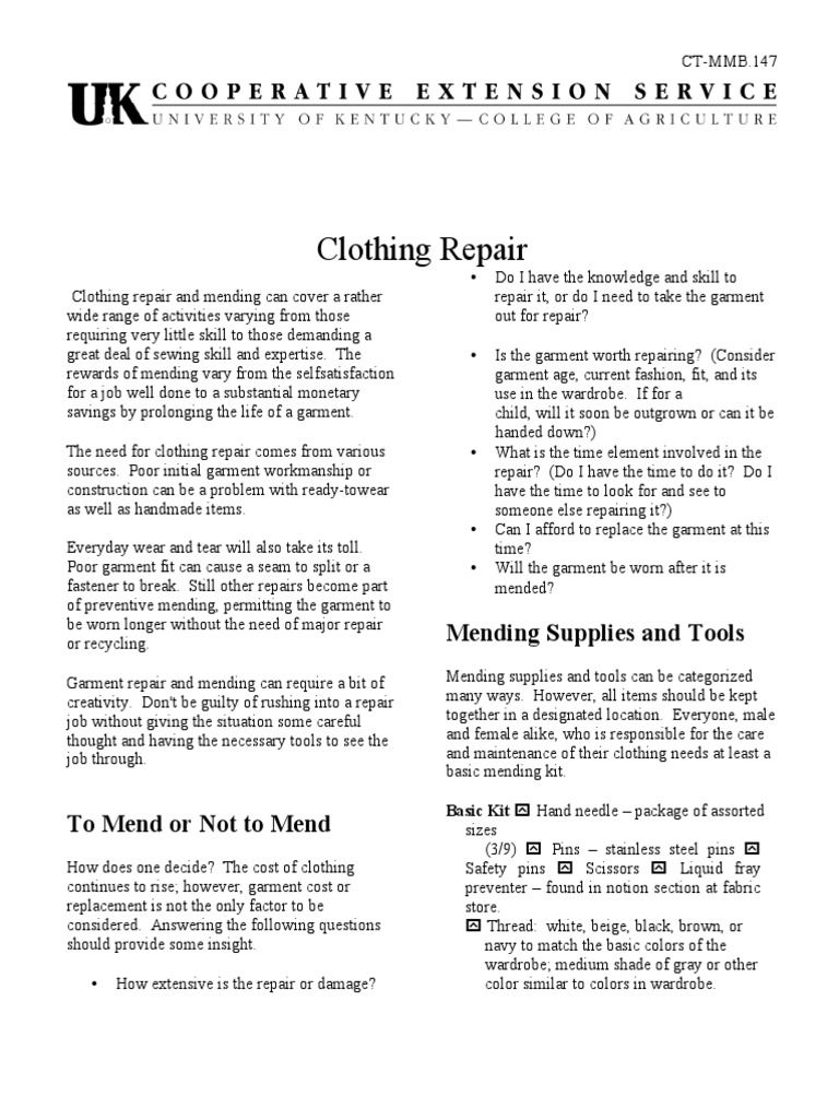 Clothing Repair Mending Supplies and Tools PDF Seam (Sewing) Yarn