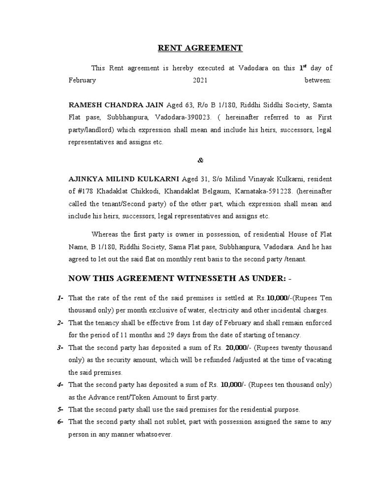 Residential Rent Agreement Between Ramesh Jain and Ajinkya Kulkarni for Property in Vadodara