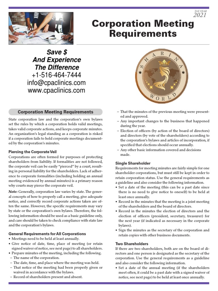Corporation Meeting Requirements 2021 PDF Corporations Corporate Law