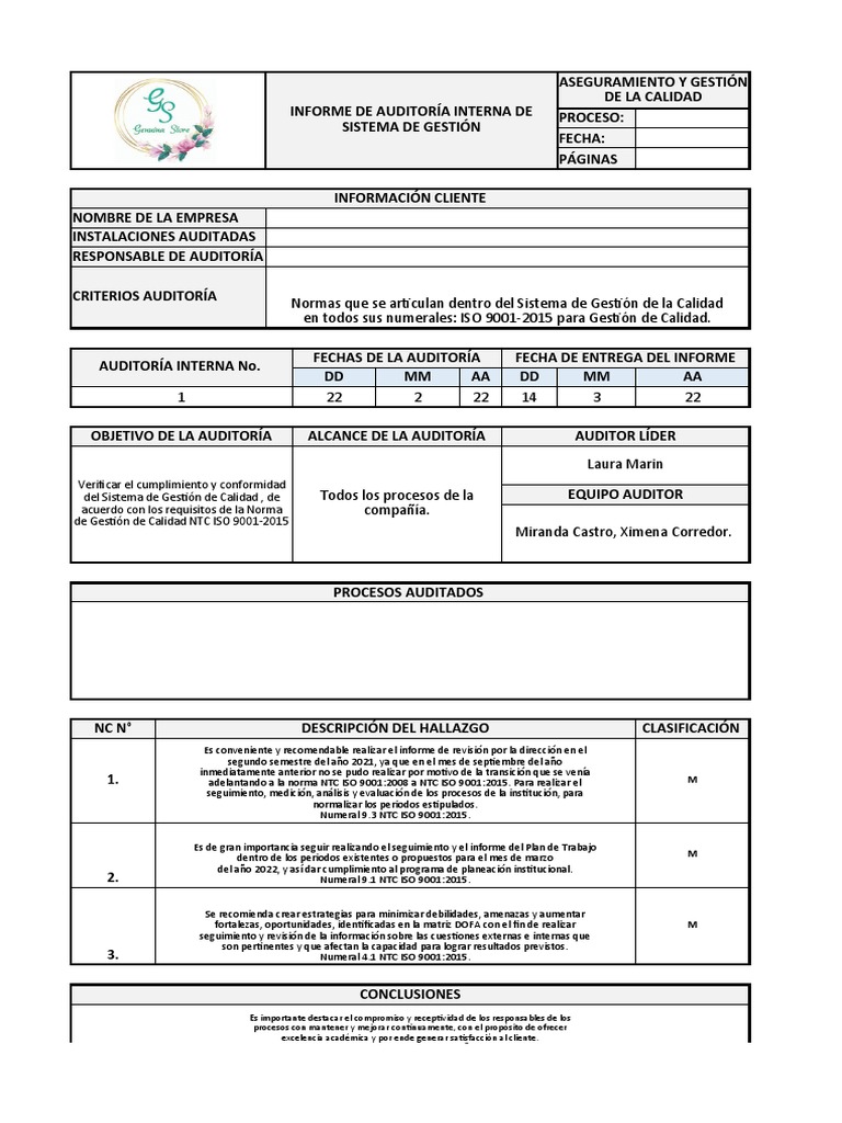 Informe de Auditoría Interna ISO 9001 | PDF | Sistema de manejo de ...