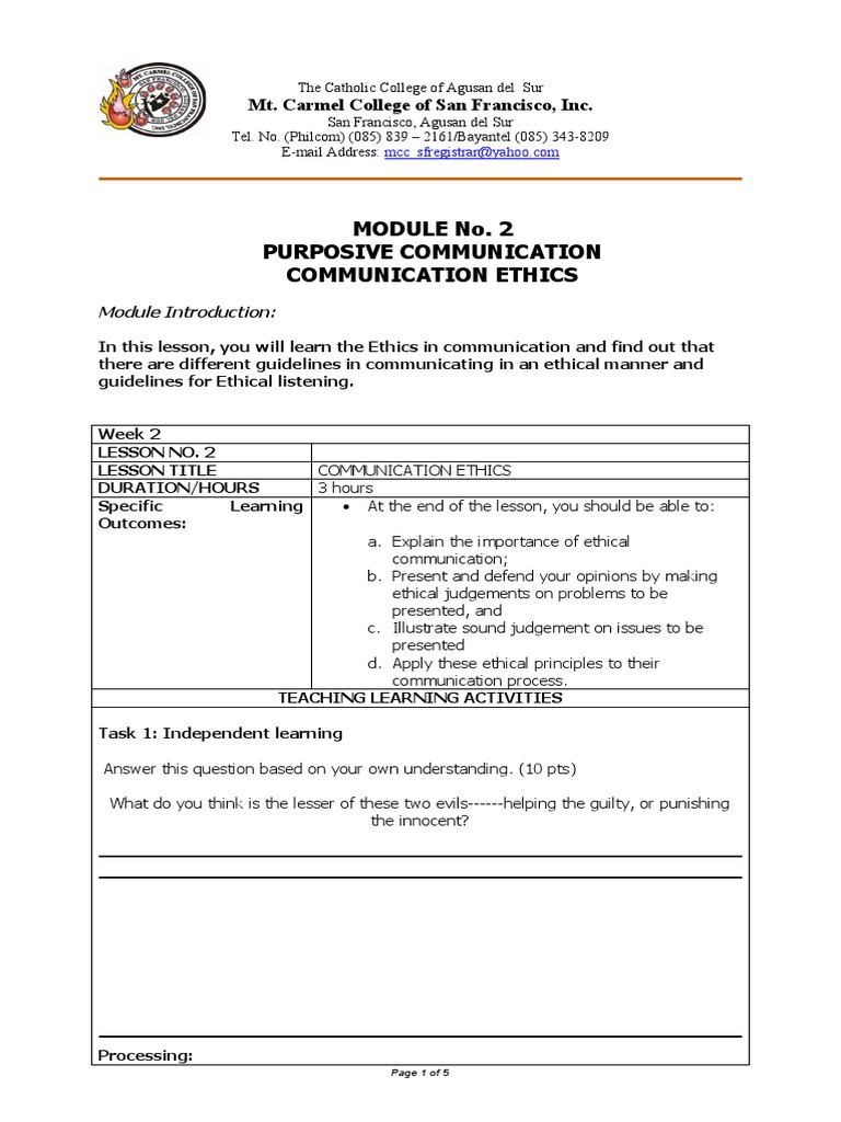 Module No. 2 Purposive Communication Communication Ethics: Mt. Carmel ...