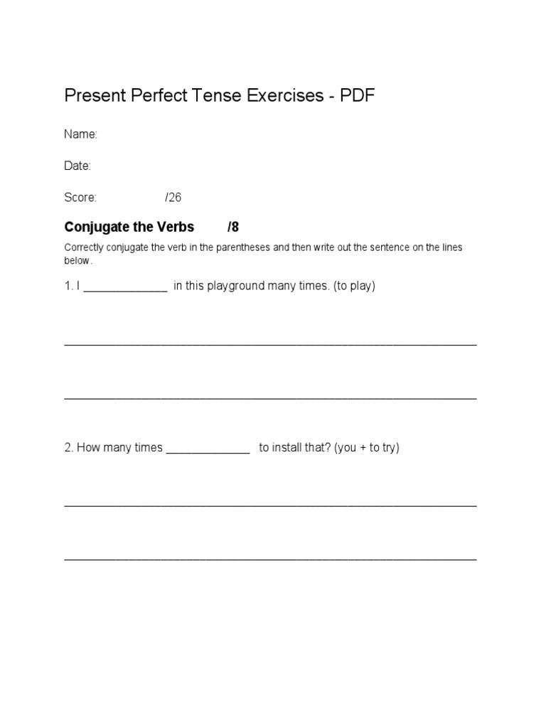 Present Perfect Tense Exercises PDF | PDF | Perfect (Grammar ...