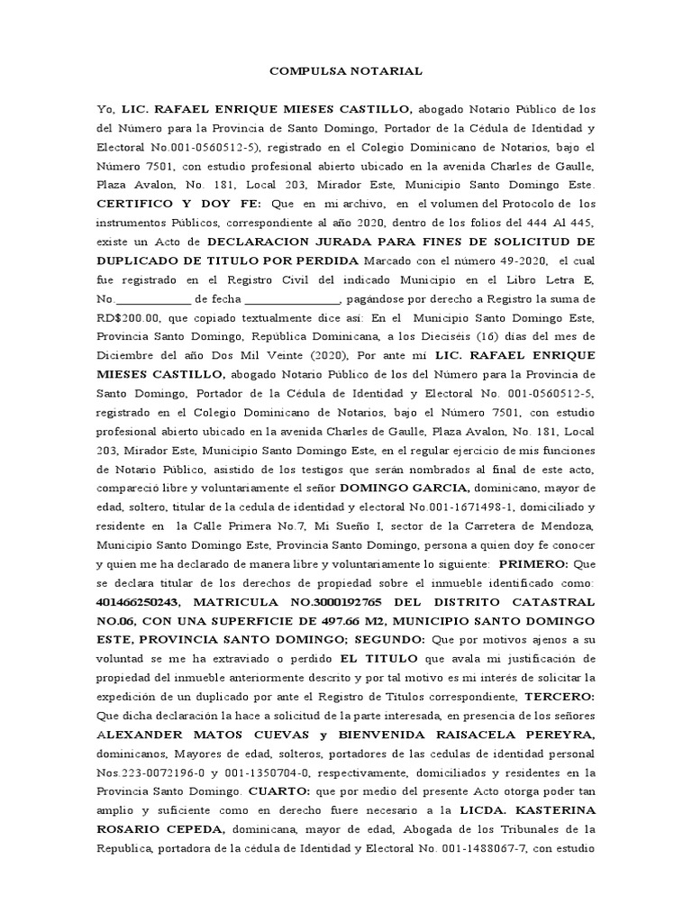 Modelo de Compulsa Notarial 2020 | PDF | República Dominicana | Ley común