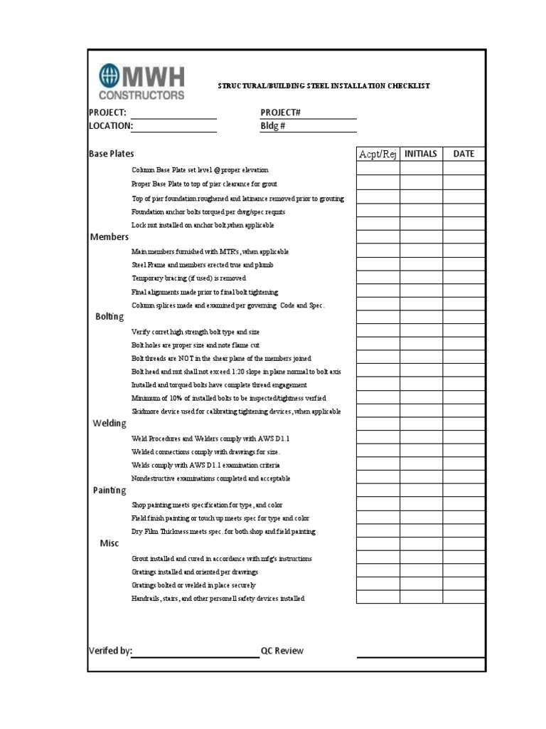 Structural (Building) Steel Installation Checklist PDF