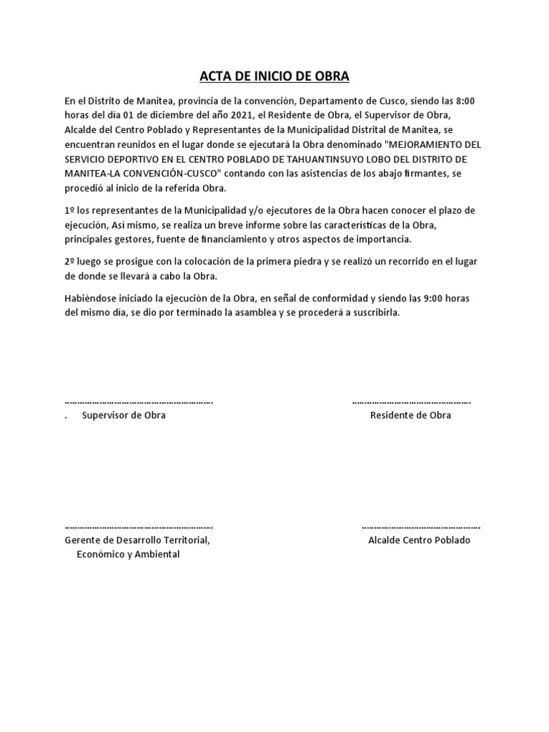 Acta de Inicio de Obra | PDF | Hogar, jardinería y bricolaje