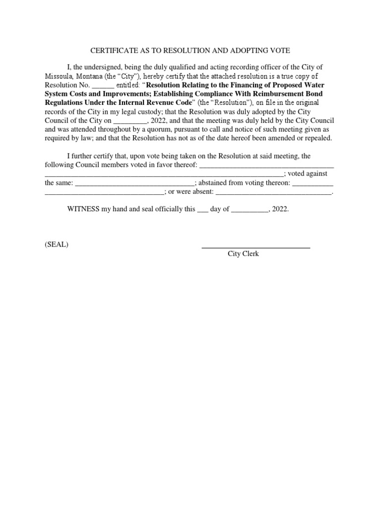 Reimbursement Resolution Water Utility Reimbursement Resolution and