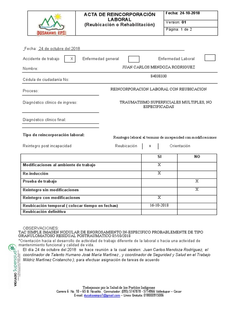 Acta de Reincorporación Laboral V2 | PDF | Medicina CLINICA | Ciencias ...