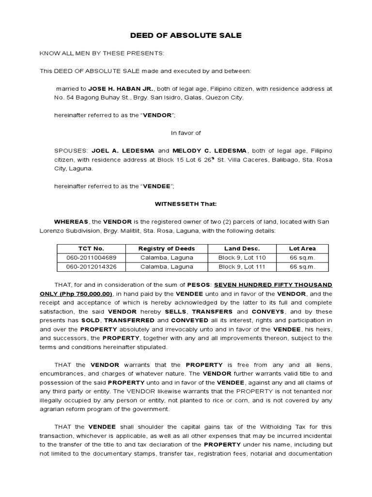 Deed of Absolute Sale Recover Download Free PDF Taxes Property Law