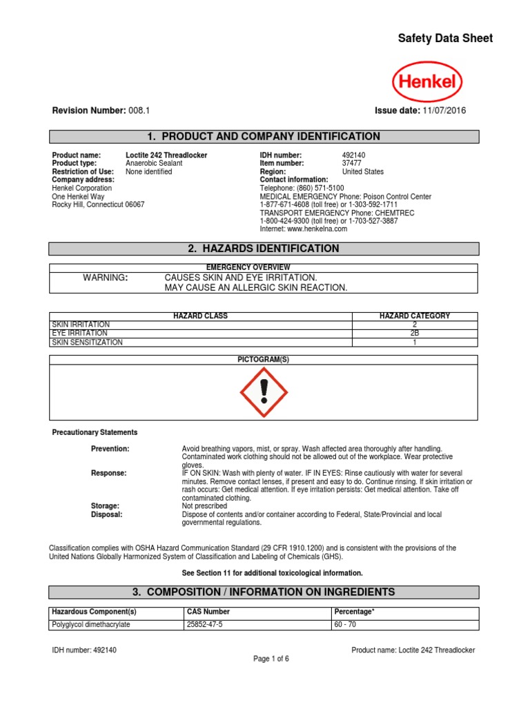 Loctite 242 Threadlocker PDF Dangerous Goods Chemistry