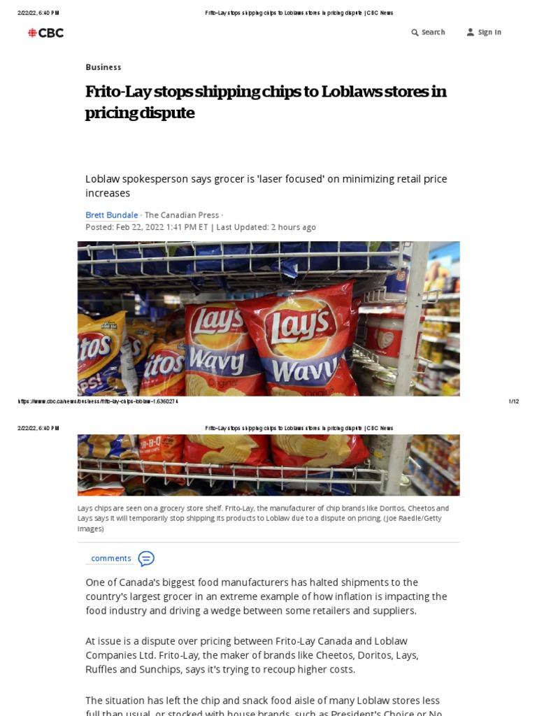 FritoLay Stops Shipping Chips To Loblaws Stores in Pricing Dispute