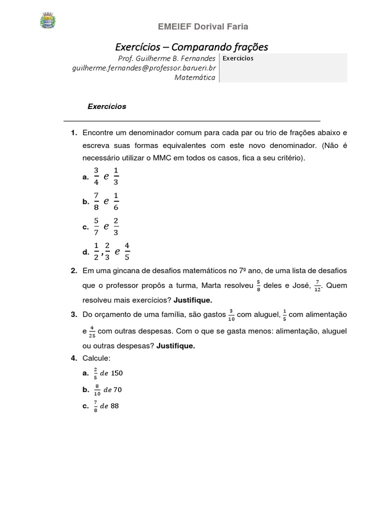 Exercícios de Comparação de Frações | PDF