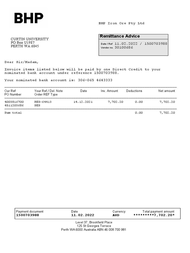 Remittance Advice: Date / Ref Vendor No | PDF
