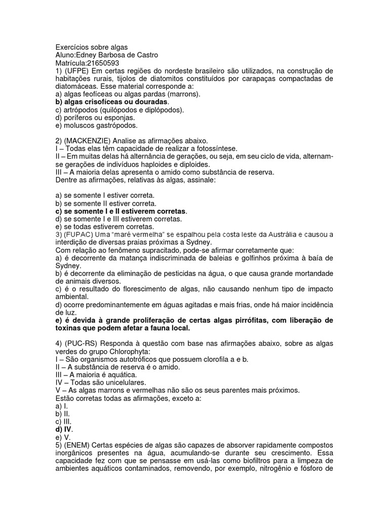 Exercícios sobre Algas e suas Aplicações | PDF | Algas | Plantas