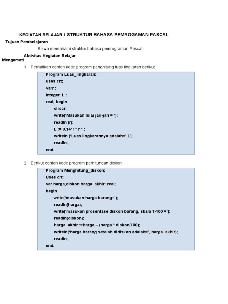 Struktur dan Contoh Program Pascal | PDF