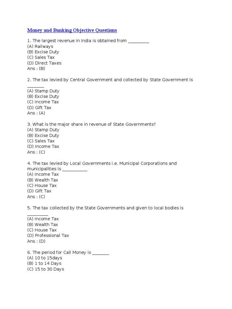 Money and Banking Objective Questions Download Free PDF Excise