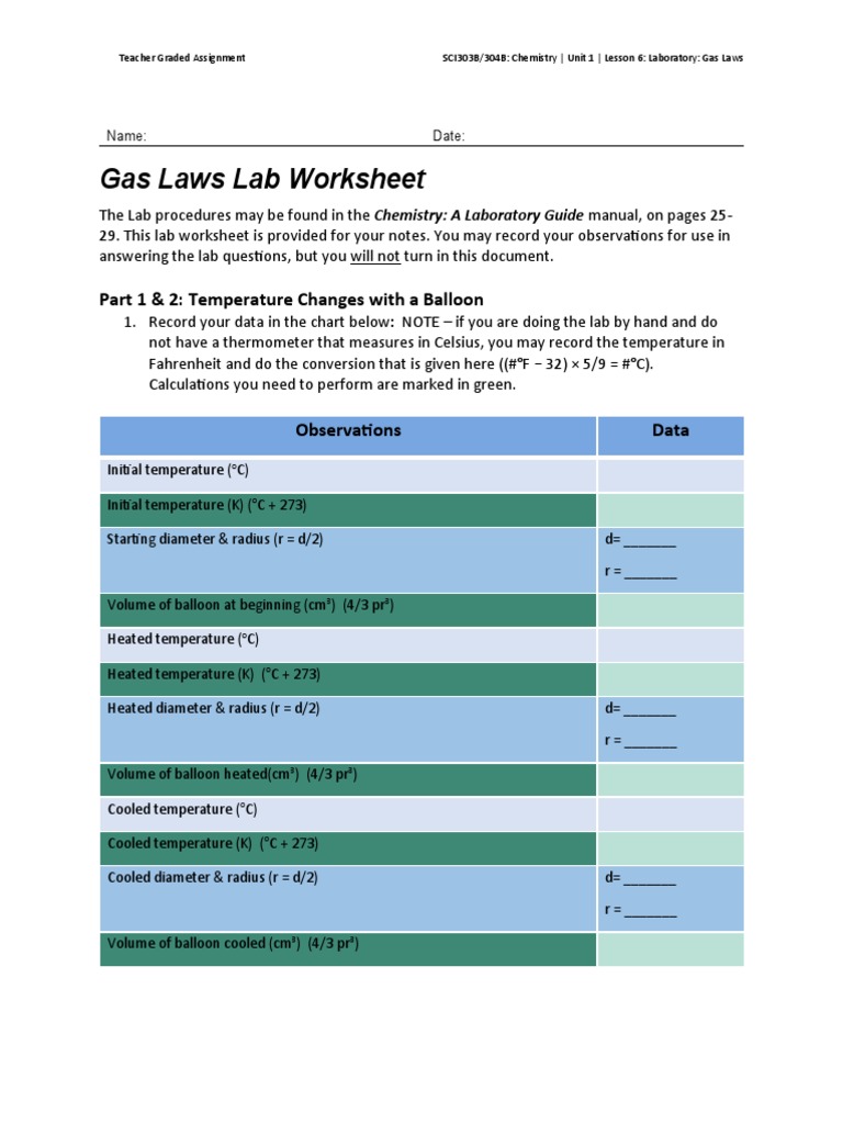 Gas Laws Lab Worksheet Part 1 & 2 Temperature Changes With A Balloon