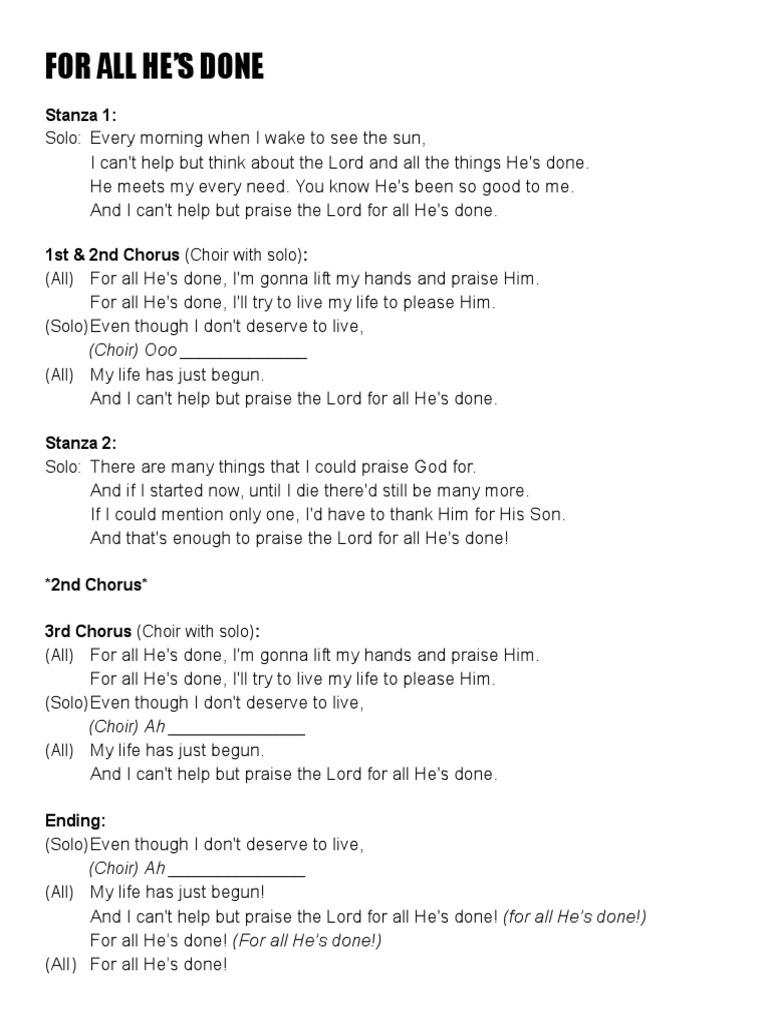 For All He's Done LYRICS PDF