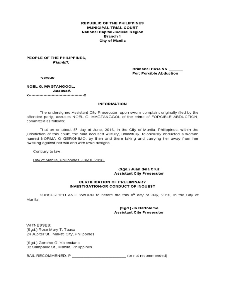 Forcible Abduction Case Manila 2016 | PDF | Law