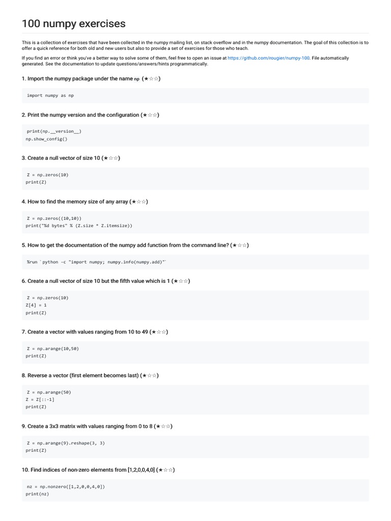 100 Numpy Exercises 100 Numpy Exercises: NP NP | PDF | Array Data ...