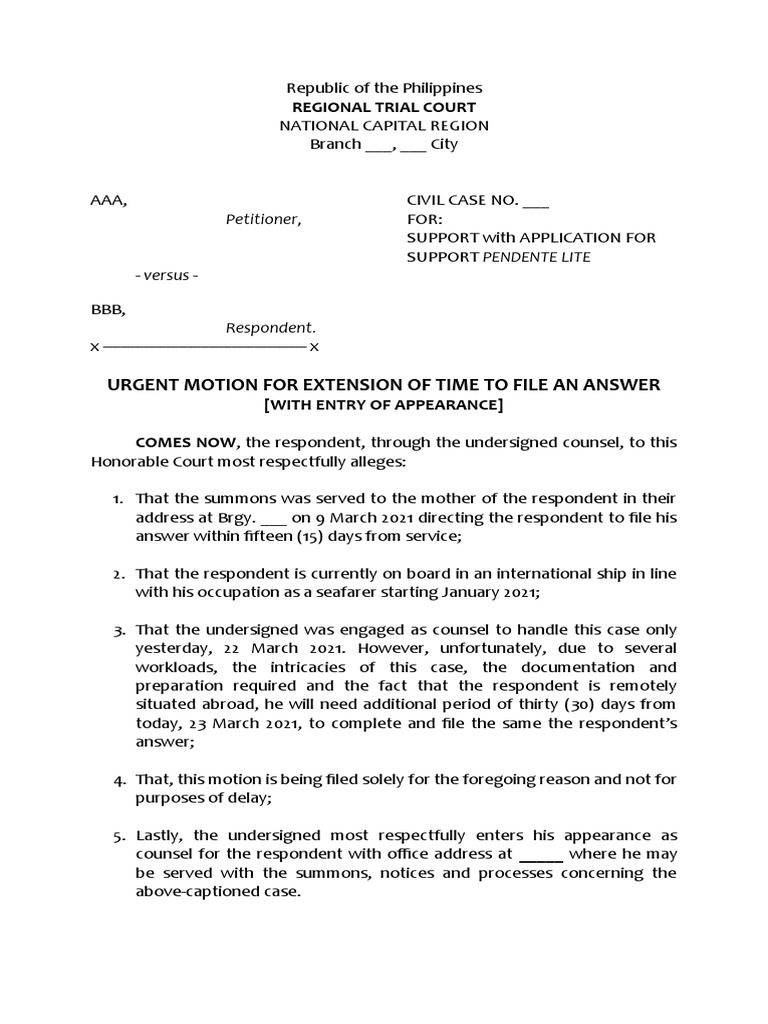 Urgent Motion for Extension to File Answer | PDF | United States Law ...