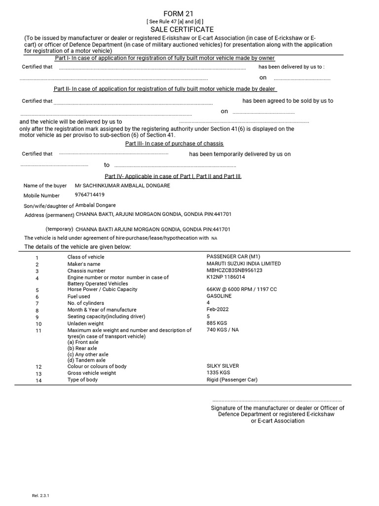Sale Certificate Form 21 PDF Vehicles Engines
