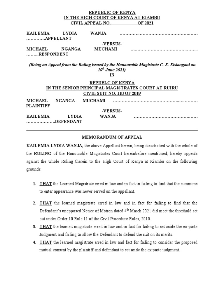 Memorandum of Appeal Kenya PDF Lawsuit Appeal