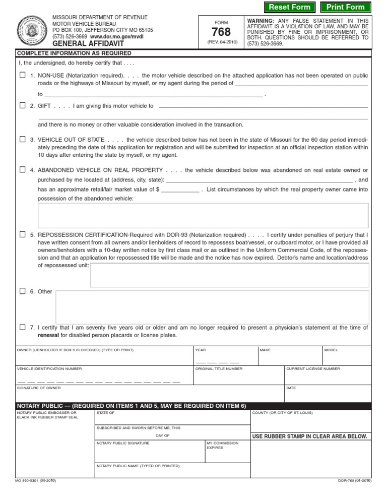MO DOR MOTOR VEHICLE BUREAU Form 768 Repossession Notary Public