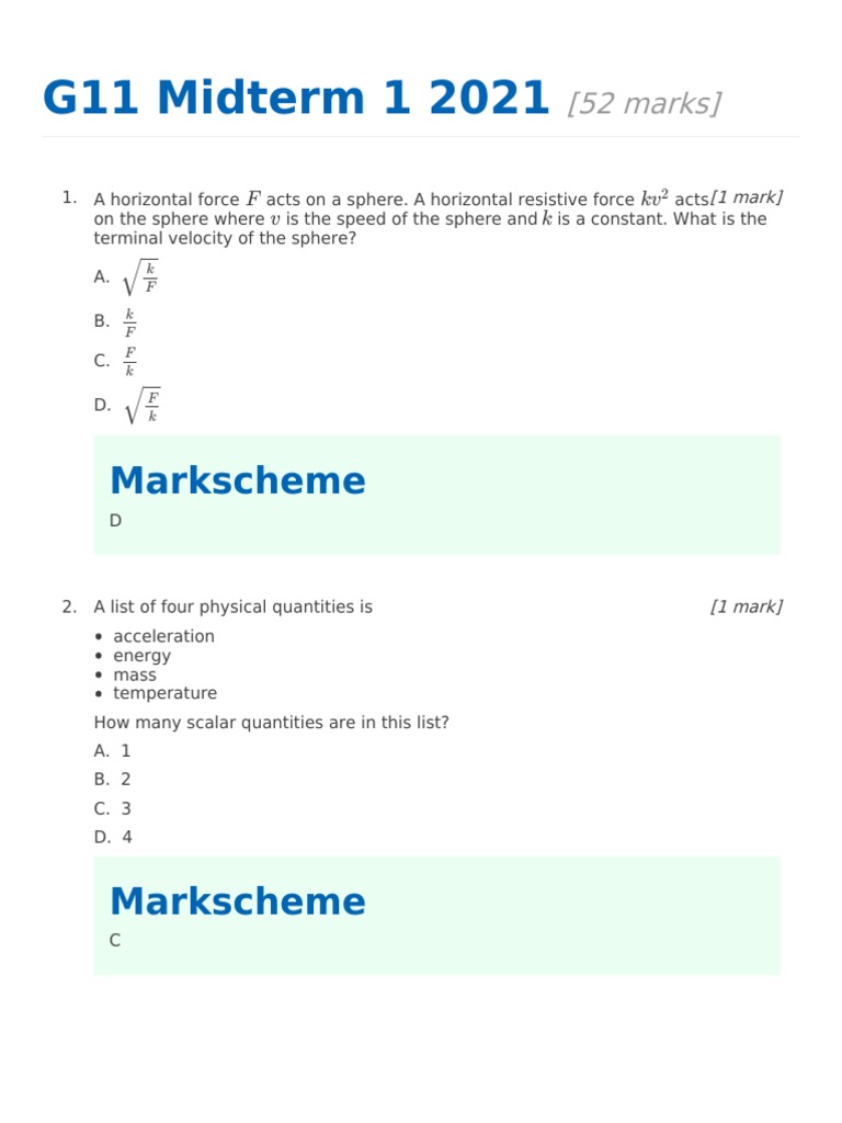 G11 Answer Midterm 1 2021 Markscheme | PDF | Force | Speed