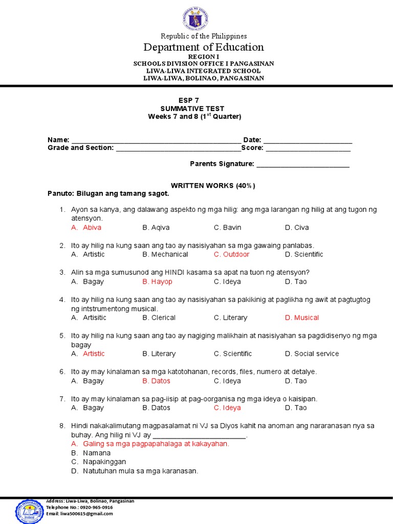 ESP 7 4th ASSESSMENT | PDF