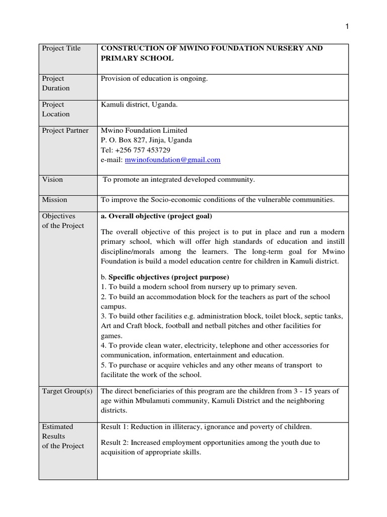 Mwino Foundation Nursery and Primary School Project Proposal | PDF ...