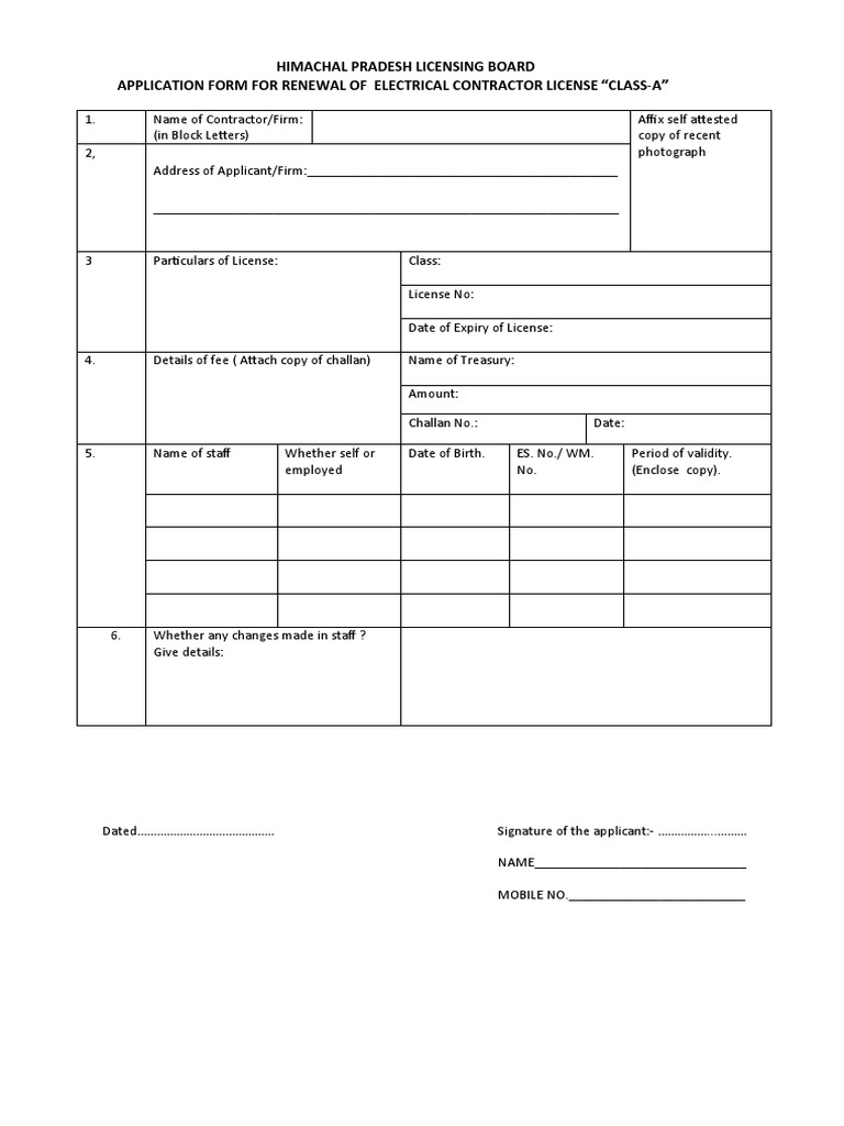 Himachal Pradesh Licensing Board Application Form For Renewal of