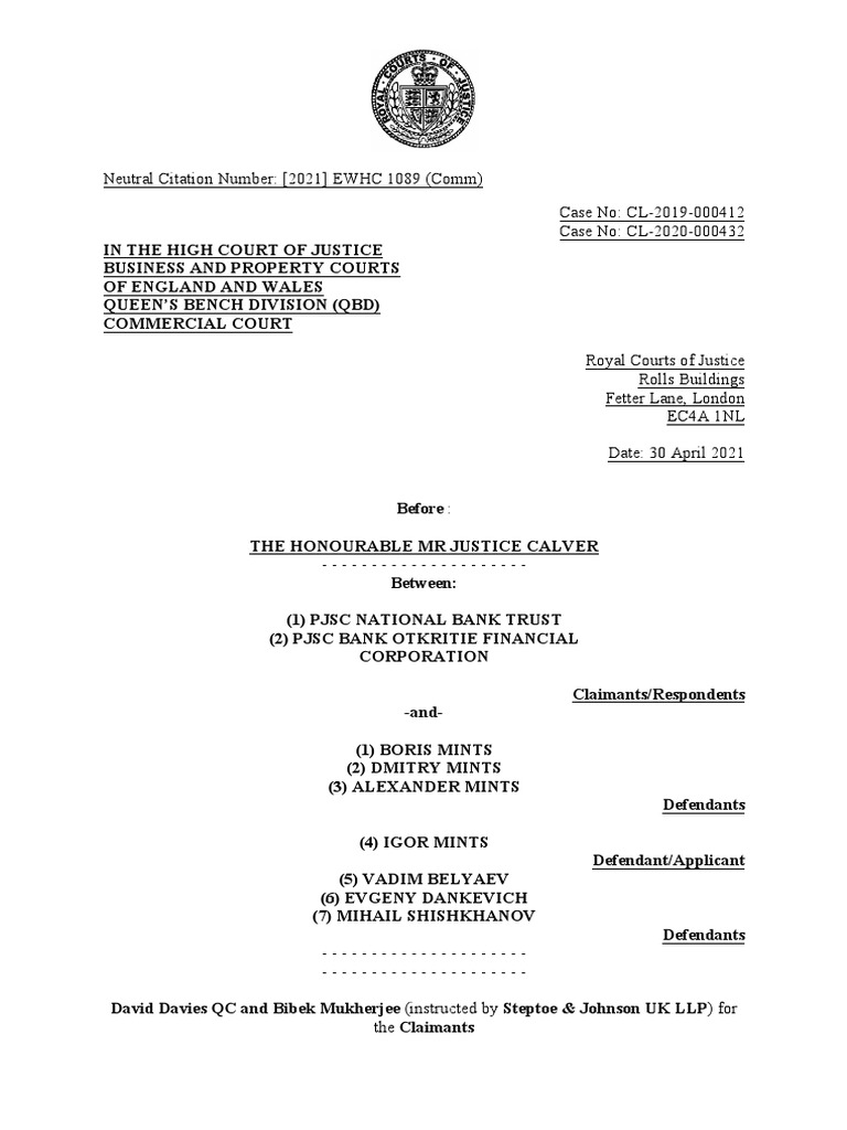 PJSC National Bank Trust and Anor V Boris Mints and Ors | PDF | Damages ...