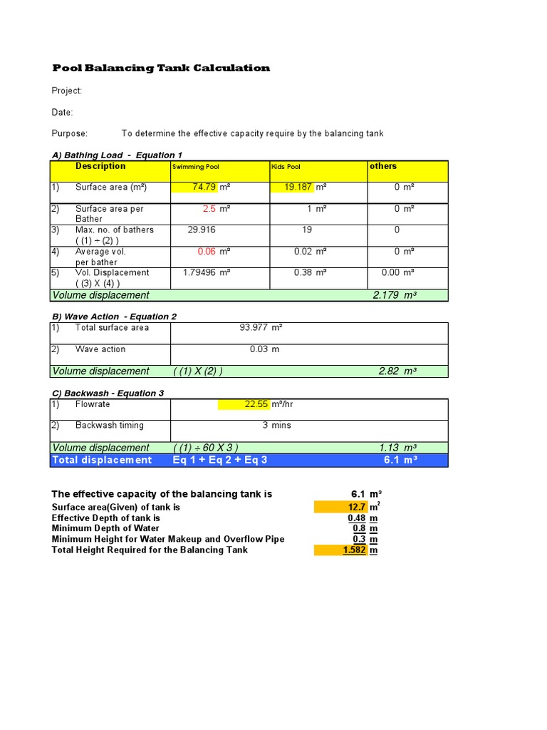 Pool Balancing Tank Calculation A) Bathing Load Equation 1 PDF