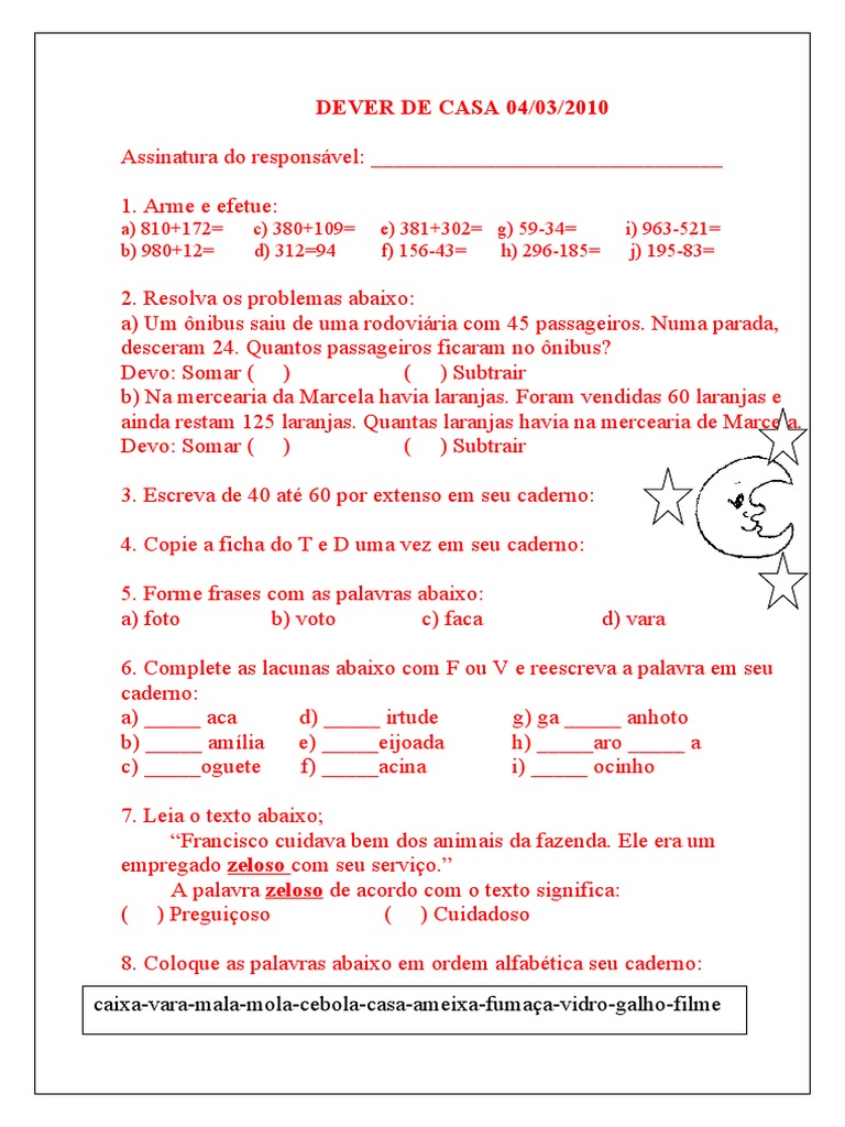 Dever de Casa 3º Ano - Matemática e Português | PDF | Elefante | Sílaba