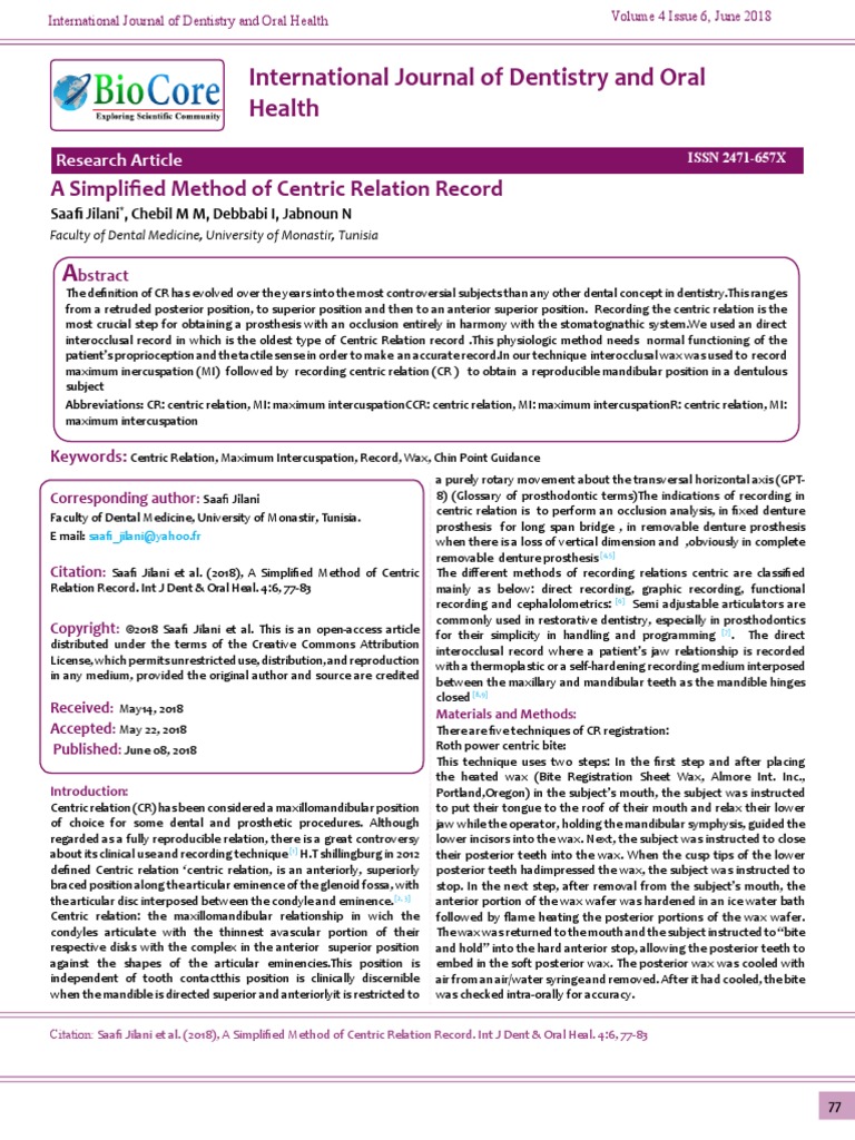 A Simplified Method of Centric Relation Record PDF Dentistry Branches