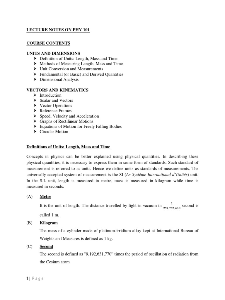 PHY 101 Lecture Notes and Handouts | PDF | Kilogram | International ...