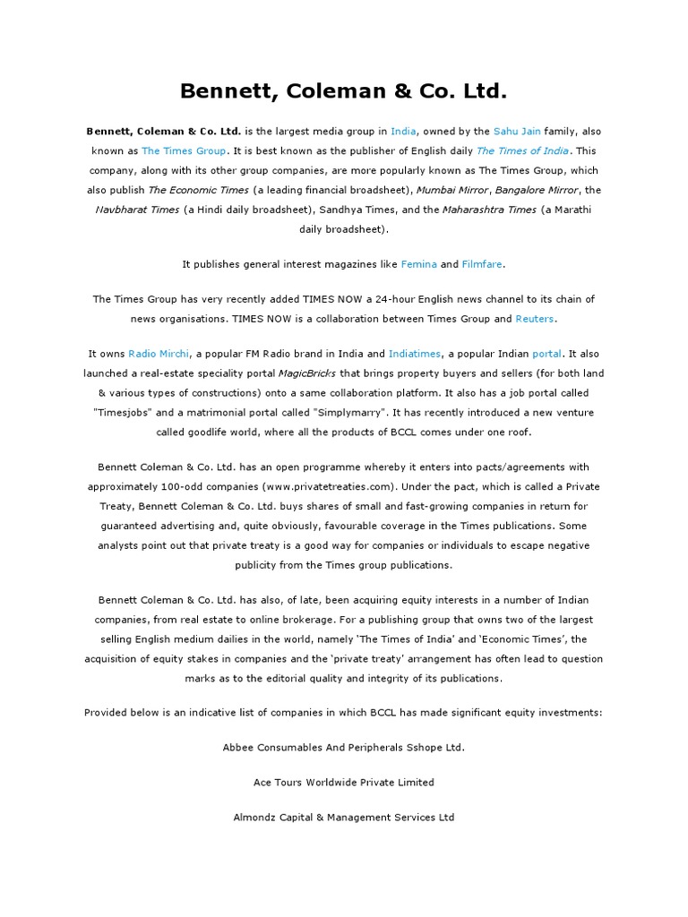 Coleman & Co. LTD. India Sahu Jain The Times Group PDF