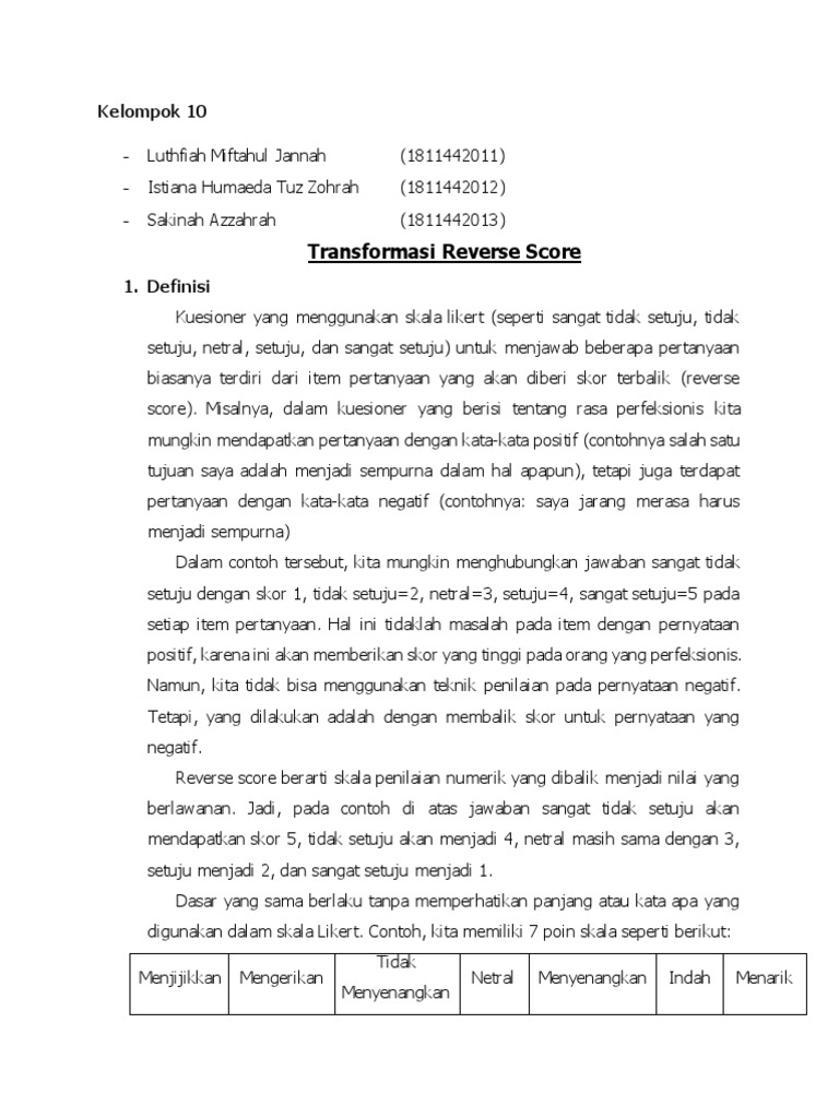 Transformasi Skor Balik dalam Kuesioner | PDF