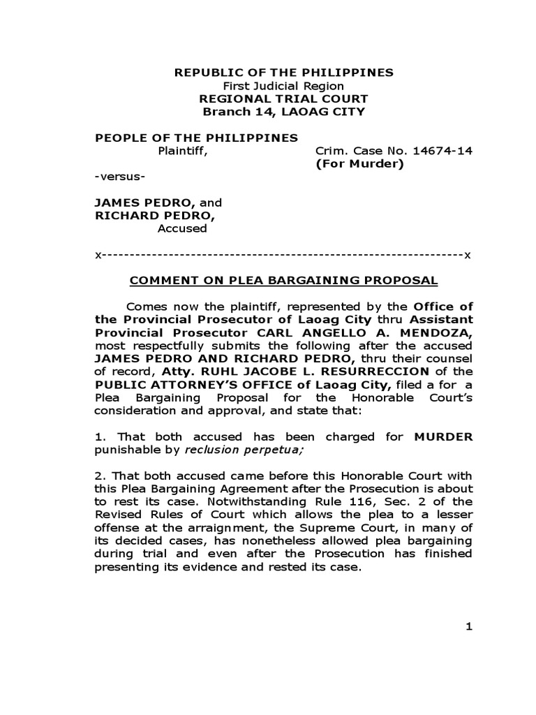 Plea Bargaining Proposal for Murder Case | PDF | Plea | Plea Bargain